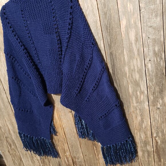 NEW Navy Blue Mix Stitch Hand Knit Knitted Shawl Wrap Scarf Eyelet Topper - Picture 9 of 9